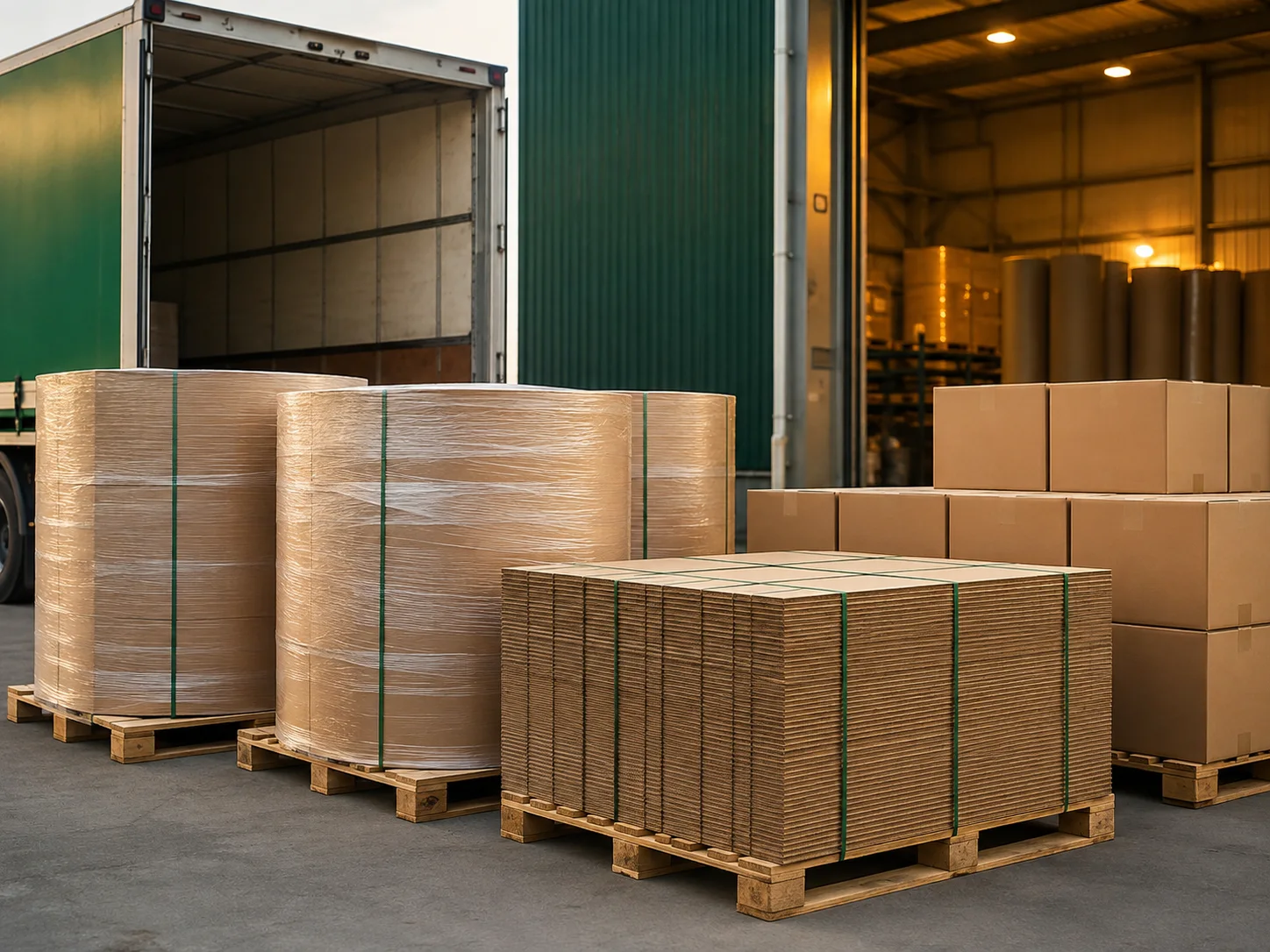 Paper rolls, board and cartons packaged and ready for shipment